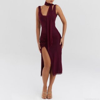Sexy Cowl Neck Backless Maxi Dress Burgundy Mesh Ruched High Split Bodycon Evening Gown With 3D Flower Decoration And Matching Scarf For Women Party Club Night Out