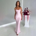 Women's Sexy Satin Cami Maxi Dress Backless Lace Up V Neck Party Evening Dress Solid Color Polyester Satin Bodycon Long Dress For Women