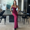 Sexy Halter Neck Backless Maxi Dress for Women Polyester Milk Silk Mesh Patchwork Bodycon Long Evening Party Dress Elegant Formal Clubwear Slim Fit
