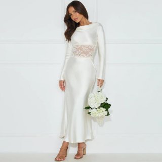 Sexy Satin Cowl Neck Backless Maxi Dress For Women Elegant Lace Patchwork High Waist Long Sleeve Long Gown Evening Party Clubwear Ladies