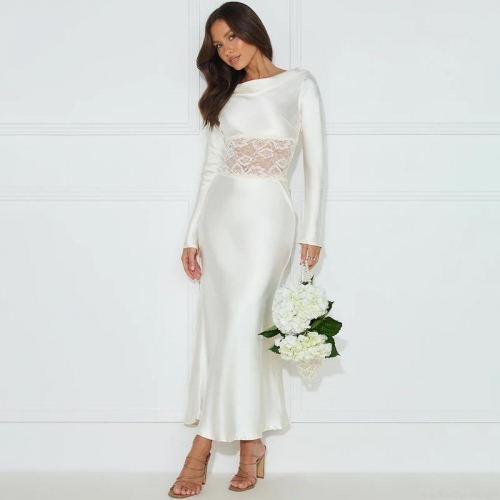 Sexy Satin Cowl Neck Backless Maxi Dress For Women Elegant Lace Patchwork High Waist Long Sleeve Long Gown Evening Party Clubwear Ladies