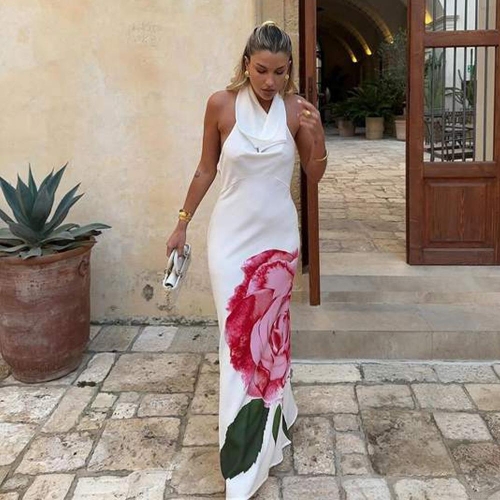 Women's Sexy Halter Maxi Dress Satin Polyester Backless Cowl Neck Floral Print Elegant A-Line Long Dress For Summer Party Evening