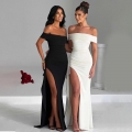Women's Sexy Off-Shoulder Ruched Maxi Dress High Slit Elegant Evening Gown Bodycon Formal Party Clubwear Solid Color Polyester Milk Silk Long Dress
