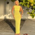 Women's Sexy Sleeveless Knit Maxi Dress Bodycon Crewneck Front Knot Hollow Out Long Dress Summer Beach Party Vacation Dresses