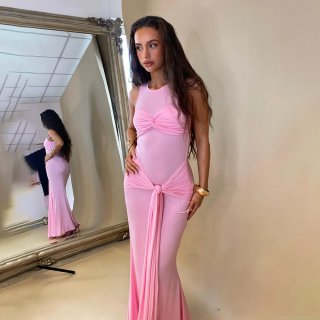 Women Sexy Sleeveless Maxi Dress Polyester Blend Milk Silk Slim Fit Twist Knot Tie-Up Pleated For Party Club Evening Elegant Bodycon Long Dress