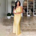 Women Sexy One Shoulder Ruched Satin Maxi Dress Elegant Backless Slim Fit Evening Party Wedding Guest Long Dress