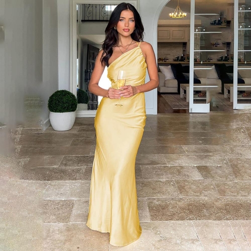 Women Sexy One Shoulder Ruched Satin Maxi Dress Elegant Backless Slim Fit Evening Party Wedding Guest Long Dress