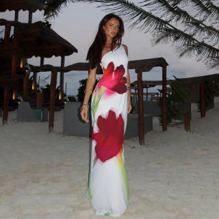 Women's Sexy One Shoulder Maxi Dress Polyester Milk Silk Large Floral Print Slim Fit Sleeveless Bodycon Long Dress For Summer Beach Party Vacation