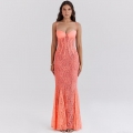 Women Sexy Floral Lace Maxi Dress Slim Fit Mermaid Backless Camisole Slip Long Dress For Party Wedding Banquet Evening Elegant Coral Orange Summer Vacation Women Clothing