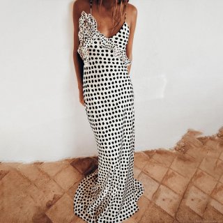 Women's Sexy Backless Satin Polka Dot Maxi Dress Elegant V-Neck Ruffle Flower Strappy Sundress For Summer Party Vacation Resort Slim Fit Long Dress
