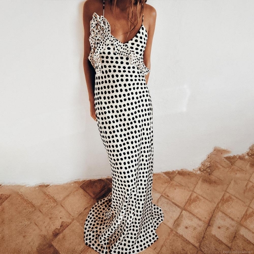 Women's Sexy Backless Satin Polka Dot Maxi Dress Elegant V-Neck Ruffle Flower Strappy Sundress For Summer Party Vacation Resort Slim Fit Long Dress