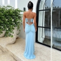 Women Sexy Backless Strapless Maxi Dress Ruched Lace Up Mermaid Slim Fit Milk Silk Polyester Evening Party Dress Floor Length Clubwear Dress