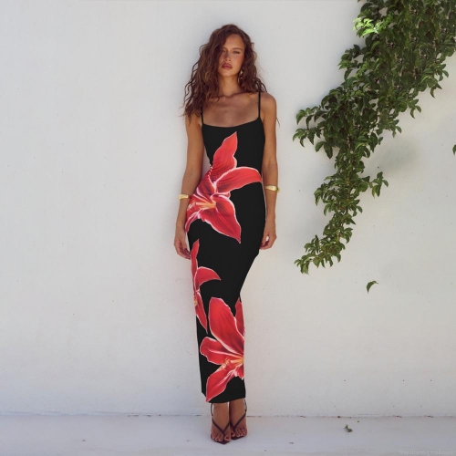 Sexy Floral Print Maxi Dress Polyester Spandex Sleeveless Backless High Waist Slit Long Dress For Women Summer Beach Vacation Party