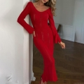 Sexy Backless Maxi Dress For Women Summer Knitted Hollow Out U Neck Long Sleeve Bodycon Ribbed Long Dress Elegant Vacation Beach Party Clubwear