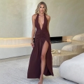 Sexy Halter Deep V-Neck Backless Maxi Dress For Women Summer High Slit Ruched Bodycon Evening Party Long Dress Milk Silk Clubwear