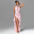 Elegant Satin Backless Maxi Dress High Slit Ruched Slim Fit Sleeveless Gown For Women Evening Party Wedding Cocktail Formal Summer Bodycon Long Dress