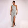 Sexy One Shoulder Split Maxi Dress Polyester Satin Ruched Long Gown With Rhinestone Buckle For Evening Party Women Elegant Prom Dress