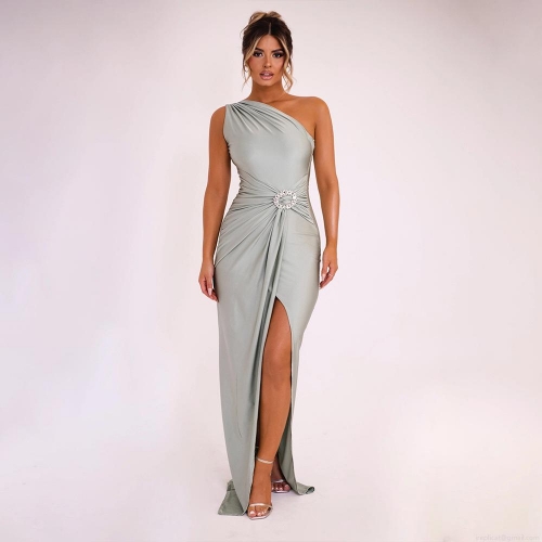 Sexy One Shoulder Split Maxi Dress Polyester Satin Ruched Long Gown With Rhinestone Buckle For Evening Party Women Elegant Prom Dress