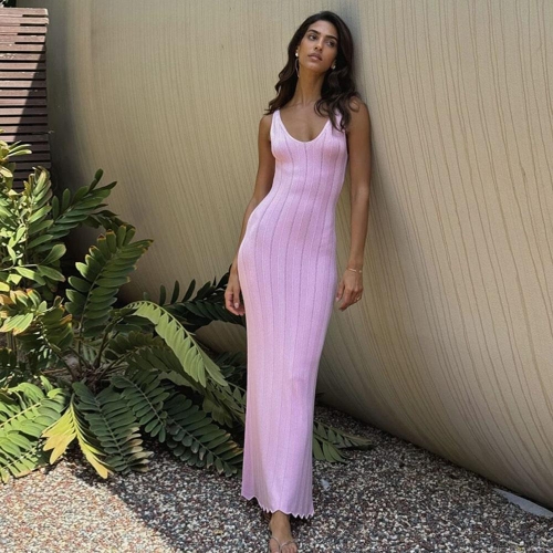 Women Sexy Backless V-Neck Ribbed Knit Maxi Dress Sleeveless Bodycon Long Dress For Summer Party Vacation Clubwear