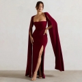 Elegant Square Neck Floor Length Maxi Dress Women Sexy High Slit Cape Sleeve Evening Gala Gown Solid Color Milk Silk Bodycon Party Dress