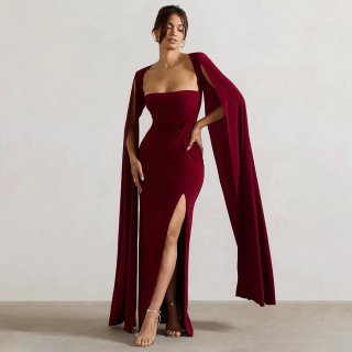 Elegant Square Neck Floor Length Maxi Dress Women Sexy High Slit Cape Sleeve Evening Gala Gown Solid Color Milk Silk Bodycon Party Dress