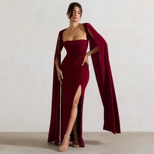 Elegant Square Neck Floor Length Maxi Dress Women Sexy High Slit Cape Sleeve Evening Gala Gown Solid Color Milk Silk Bodycon Party Dress