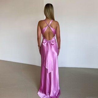 Women's Sexy V-Neck Backless Satin Maxi Dress Sleeveless Tie-up High Waist Elegant Solid Color Evening Party Gown Bow Prom Dress for Ladies