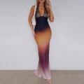 Women's Sexy Gradient Lace Patchwork Maxi Dress Halter V-Neck Backless Slim Fit Polyester Chiffon Evening Party Long Dress