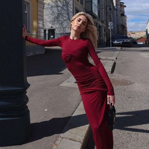 Women's Sexy Ruched Milk Silk Polyester Maxi Dress Long Sleeve Round Neck Slim Fit Bodycon Long Skirt For Party Street Clubwear Solid Color Elegant Evening Fashion