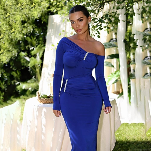 Elegant Women One Shoulder Long Sleeve Maxi Dress Sexy Backless Ruched Elastic Satin Evening Party Gown With Rhinestone Decor