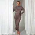 Sexy Ruched Drawstring Bodycon Maxi Dress For Women Mock Neck Long Sleeve High Waist Slim Fit Milk Silk Polyester Evening Party Club Outfits Solid Color Streetwear Long Skirt