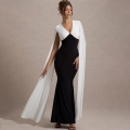 Sexy Black White Patchwork Maxi Dress Elegant V Neck Backless Cape Sleeve Bodycon Evening Gown Polyester Slim Fit Long Dress For Women Party Banquet