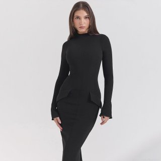 Women Sexy Bodycon Maxi Dress Elegant Bell Sleeve Round Neck Slim Fit Floor Length Split Evening Party Dress Solid Black Polyester Dress