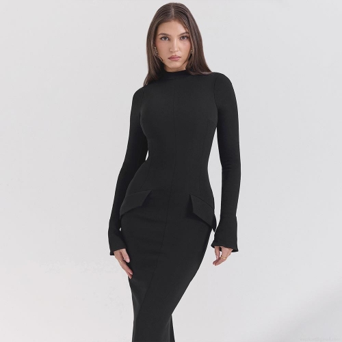 Women Sexy Bodycon Maxi Dress Elegant Bell Sleeve Round Neck Slim Fit Floor Length Split Evening Party Dress Solid Black Polyester Dress