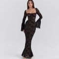 Women Sexy Lace Maxi Dress Square Neck Flare Sleeve Backless Bodycon Party Evening Gown Floral Embroidery Long Sleeve Fish Tail Elegant Dress