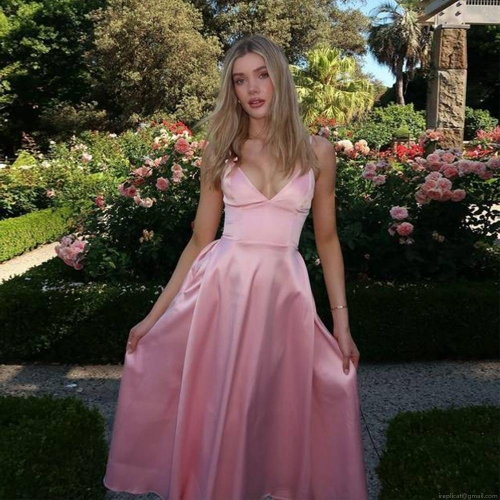 Women's Sexy V-Neck Backless Satin Maxi Dress Spaghetti Strap Sleeveless A-Line Evening Gown For Wedding Party Cocktail Night Out Pink Polyester Satin Long Dress