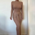 Sexy Women's Long Sleeve Ruched Maxi Dress Textured Polyester Mock Neck Slim Fit Bodycon Evening Party Clubwear Gown Streamer Waist Tie