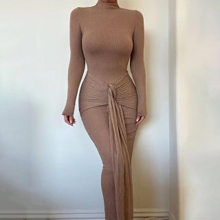 Sexy Women's Long Sleeve Ruched Maxi Dress Textured Polyester Mock Neck Slim Fit Bodycon Evening Party Clubwear Gown Streamer Waist Tie