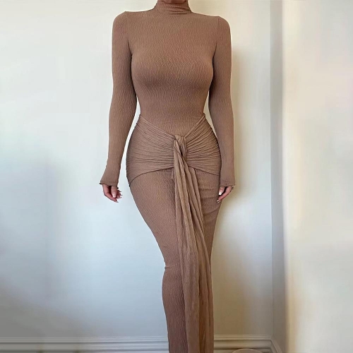 Sexy Women's Long Sleeve Ruched Maxi Dress Textured Polyester Mock Neck Slim Fit Bodycon Evening Party Clubwear Gown Streamer Waist Tie