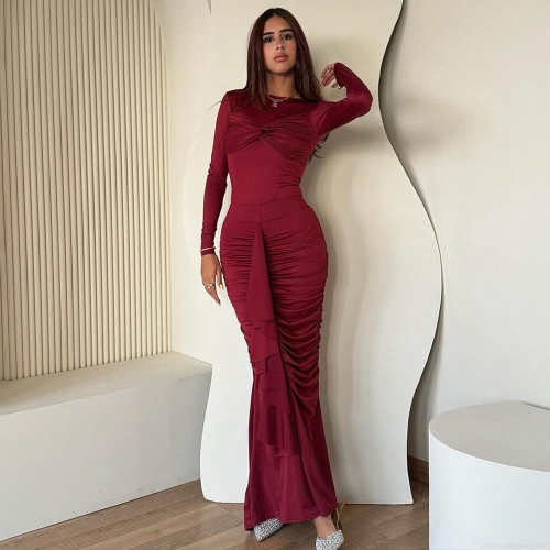 Women's Sexy Ruched Maxi Dress Elegant Round Neck Long Sleeve Bodycon Long Dress With Twist Front And Ruffle Side Details For Party Club Evening High Stretch Polyester Blend