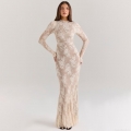 Sexy Lace Maxi Dress for Women Long Sleeve Round Neck Bodycon Hollow Out Floral Floor Length Elegant French Chic Evening Party Dress
