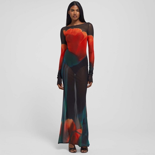 Sexy Sheer Mesh Maxi Dress For Women Floral Print Long Sleeve See-Through Bodycon Evening Party Clubwear Club Dress