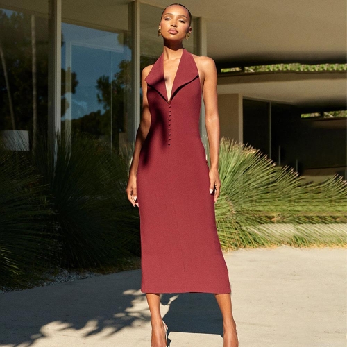 Women Sexy Halter Lapel Bodycon Dress Sleeveless Backless High Waist Slit Maxi Dress Elegant Button Decor Long Pencil Dress For Party Evening Clubwear