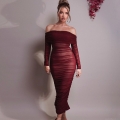 Women Sexy Off Shoulder Ruched Mesh Bodycon Maxi Dress Elegant Long Sleeve Slit Evening Party Club Pencil Dress With Milk Silk Lining