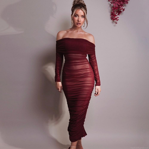 Women Sexy Off Shoulder Ruched Mesh Bodycon Maxi Dress Elegant Long Sleeve Slit Evening Party Club Pencil Dress With Milk Silk Lining
