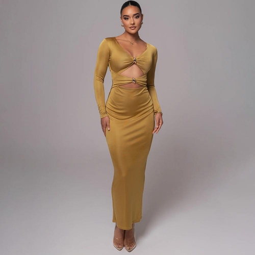Sexy Hollow Out Long Sleeve Maxi Dress For Women Satin V Neck Slim Fit Bodycon Evening Party Dress With Metal Rings Slit Long Robe