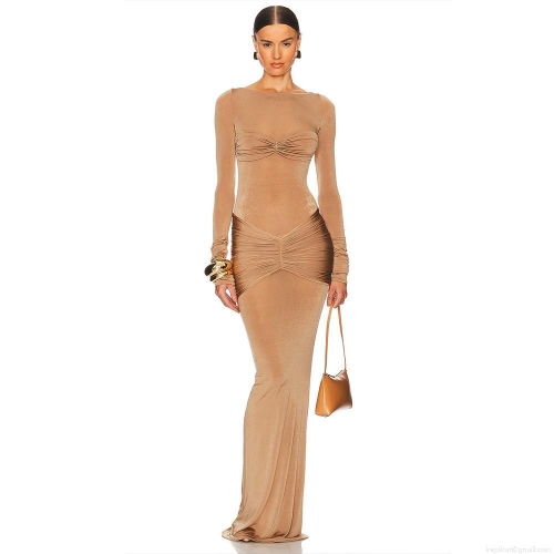 Sexy Solid Color Bodycon Maxi Dress For Women Ruched Long Sleeve Round Neck Polyester Milk Silk Evening Party Clubwear Slim Fit Long Dress
