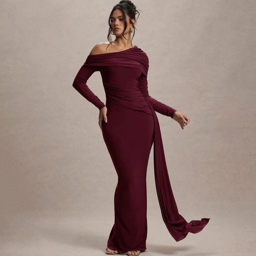Sexy Ruched One Shoulder Maxi Dress With Long Sleeve Drape Detail Bodycon Party Evening Dress Polyester Spandex Milk Silk Elegant Gown For Women