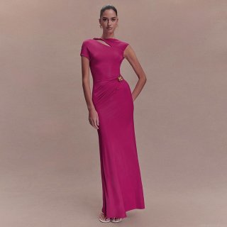 Women Elegant Backless Maxi Dress Slim Fit Polyester Milk Silk One Shoulder Evening Gown With Golden Flower Brooch For Summer Party Ladies