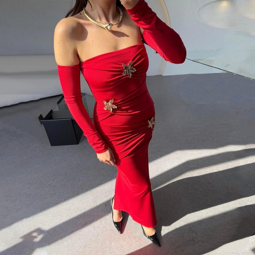 Women's Sexy Off-Shoulder Long Sleeve Maxi Dress Ruched Slim Fit Bodycon Evening Party Dress With Detachable Gold Starfish Buckle Milk Silk Polyester Clubwear